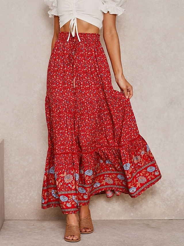  Mujer Falda Línea A Bohemia Casual Maxi Alta cintura Faldas Floral Estampado Microelástico Calle Diario Rojo Albaricoque Verano Poliéster Rayón