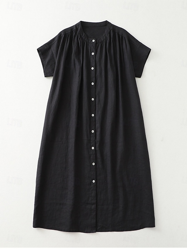  Damen Midikleid Baumwollkleid Sommerkleid Casual Daily Regular Fit Einfarbig Kurzarm Rundhals Schwarz Braun Apricot Sommer