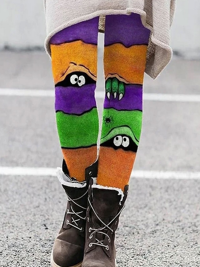  Halloween Kvinners Leggings Ferie Vintage Motebasert Full Lengde Høy Midje Bukser Grafisk Trykk Termisk Varm Myk Pustende Elastisk Formell Utendørs Svart Orange Grønn Beige Vår Høst Slank