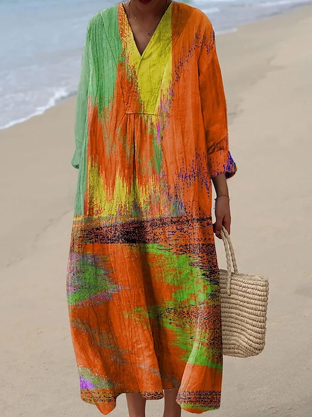  Per donna Abito Midi Vestito Estivo Abito a trapezio Vacanza Casual Boho Feste Spiaggia Vestibilità comoda Ombre Grafico Geometrico Manica Lunga Scollo a V Giallo Blu Arancione Marrone Estate