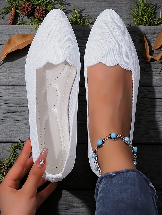  Weiße Flyknit-Ballerinas mit spitzer Zehenpartie für Damen – Ballerinas mit gewelltem Rand für Frühlingspicknicks, Gartenpartys und den Weg zur Arbeit