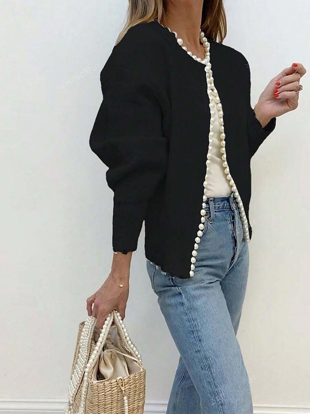  Damskie Sweter Sweter rozpinany Elegancja Moda Moda miejska Czyste kolory Półgolf Koraliki Dzianiny Długi rękaw Zwykłe topy Robić na drutach Na zewnątrz Codzienny Weekend Czarny Jesień Zima