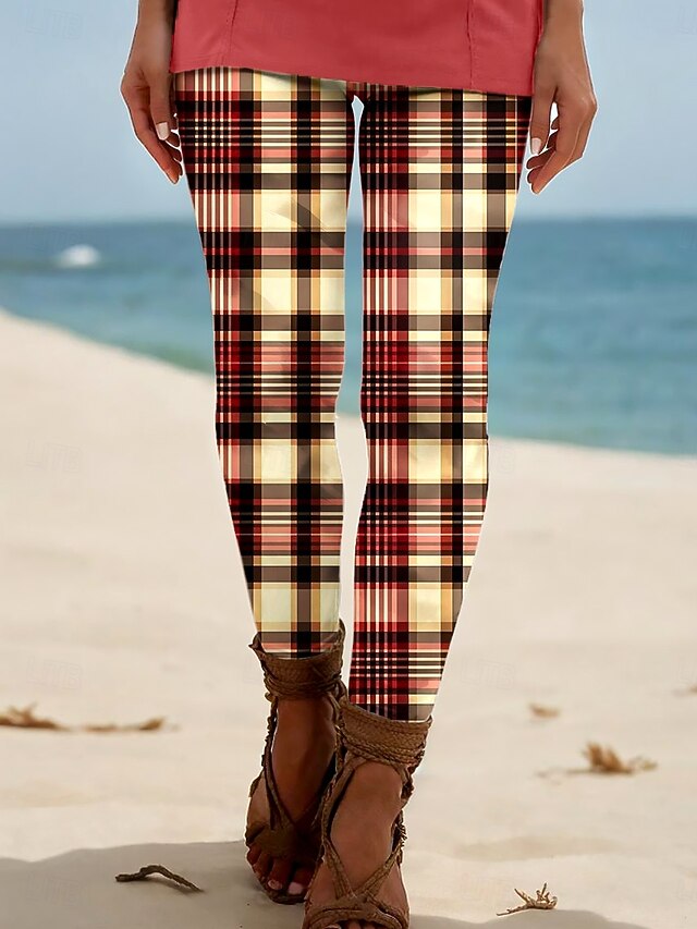 Women's Leggings Vacation Vintage Ethnic Style Ankle-Length High Waist Graphic Plaid Checkered 3D Print Breathability Soft Comfortable Stretchy Outdoor Vacation Home Maroon Robin's Egg Blue Light4
