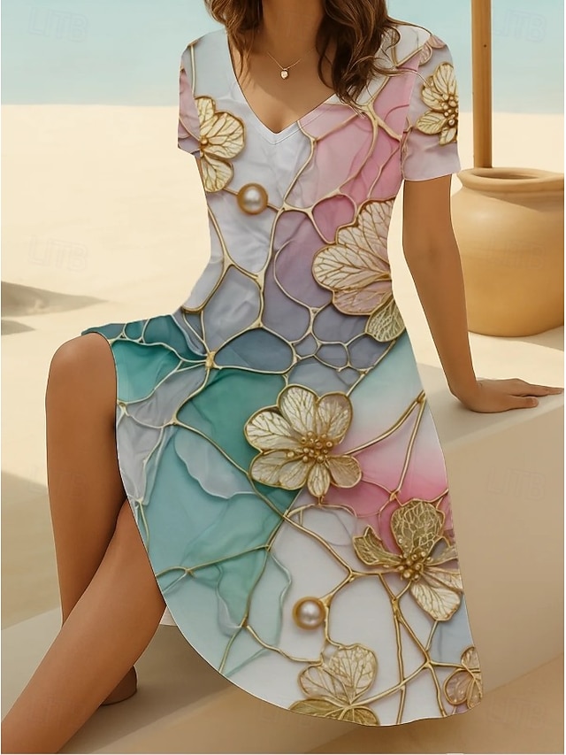 Dames Mini-jurk T shirt jurk Zonnejurk Vakantie Casual Boho Uitgaan Normale pasvorm Grafisch Paisley Abstract Korte mouw V-hals Blozend Roze blauw Paars Oranje Zomer Lente