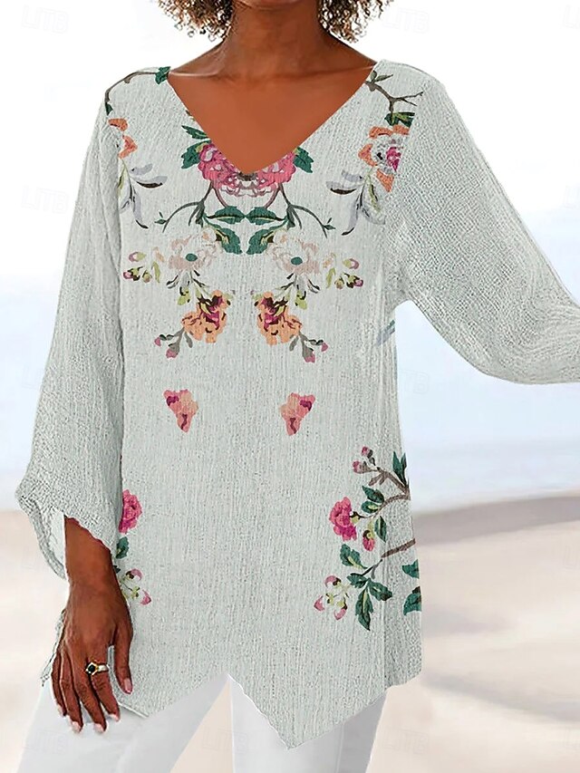 Women's Blouse Floral Graphic Geometric Vintage Tropical Stylish 3/4 Length Sleeve Crew Neck V Neck Regular Tops Daily Holiday Vacation Wear Print Light Green Orange Light Grey Summer Spring Fall4