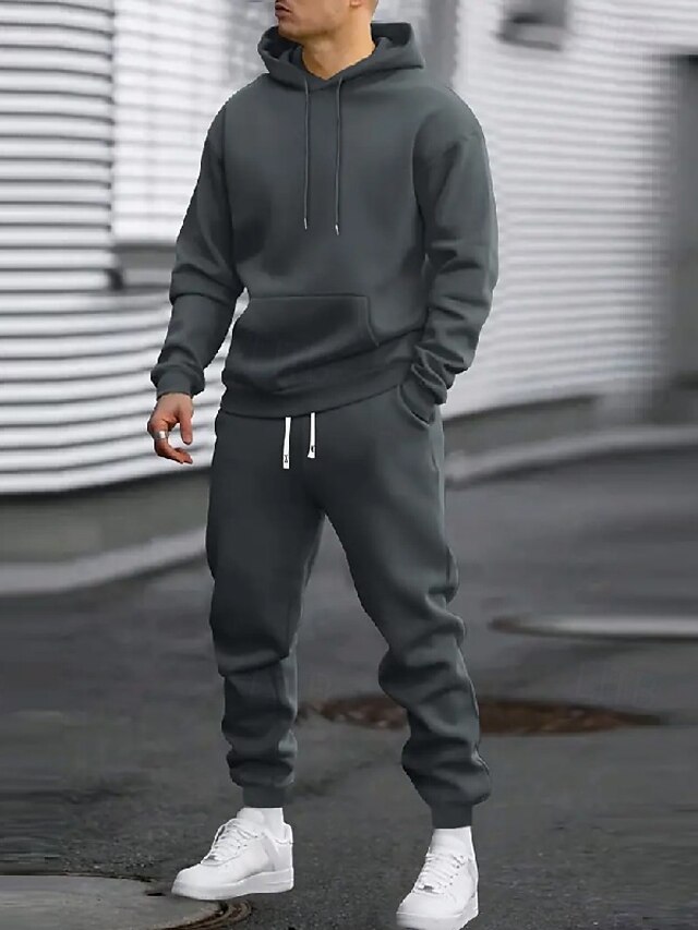  Homme Sweat à capuche Ensemble Survetement Survêtement Noir Rouge bleu marine Kaki Gris Clair À capuche Uni Avec Poches 2 pièces Sport & Loisir Quotidien Fête Polyester Streetwear Basique Occasionnel