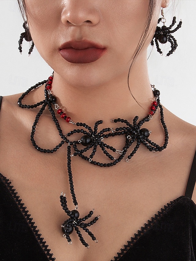  Conjunto de collar y pendientes de cuentas de araña de Halloween para mujer: joyería acrílica gótica de aleación negra y roja, accesorios de disfraz espeluznantes y adorables para fiestas y cosplay.