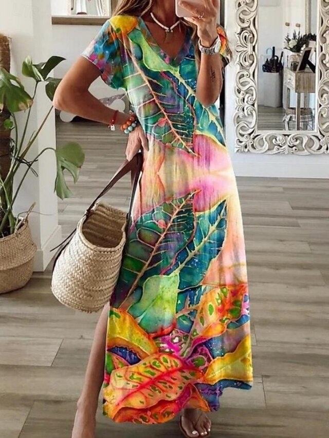 Women's Maxi Dress A Line Dress Summer Dress Casual Daily Regular Fit Floral Graphic Short Sleeve V Neck Navy Blue Orange Green Summer4