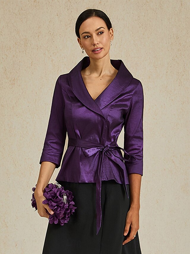  Dame Bluse Kveldstopper Helfarge عادي Elegant metallic Stilfull 3/4 ermer V-hals Vanlige topper Bryllupsgjest Aftenselskap Semi-formelt knyte foran Aubergine Vår, Høst, Vinter, Sommer