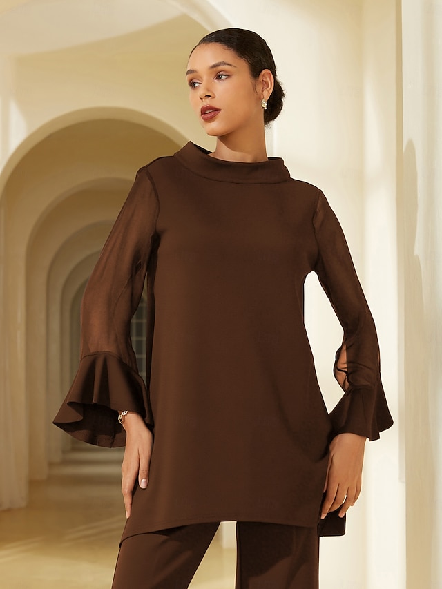  camicetta nera da donna con collo alto, in chiffon, modal, patchwork, polsini svasati, vestibilità slim, elastica, elegante, casual, da ufficio