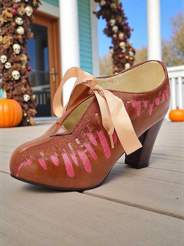  Chaussures à talons marron pour femmes avec broderie goutte rose - Escarpins de fête à lacets vintage avec ruban, parfaits pour le cosplay, les festivals d'automne et les événements costumés