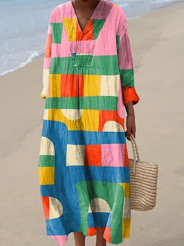  Femmes Robe Midi Robe d'Été Robe trapèze Vacances Occasionnel Boho Soirée Plage Coupe Ample Graphique Géométrique Abstrait manche longue Col en V Rose Claire Rouge Bleu Orange Été Printemps Automne