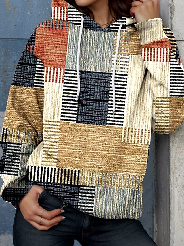 Women's Hoodie Pullover Sweatshirt Oversized Long Sleeve Casual Graphic Geometric Warm Active Hooded Regular Tops Street Dailywear Patchwork Print Khaki Spring Fall Winter4