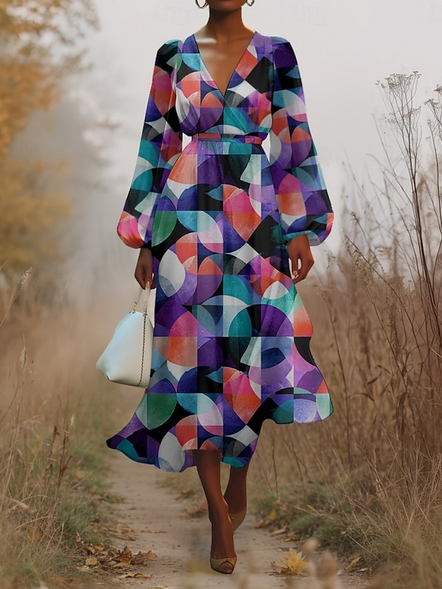  Damen Midikleid Freizeitkleid Chiffon Schwingkleid Modern Urlaub Täglich Wochenende Normale Passform Geometrisch Langarm V Ausschnitt Schwarz Blau Purpur Orange Sommer Frühling Herbst
