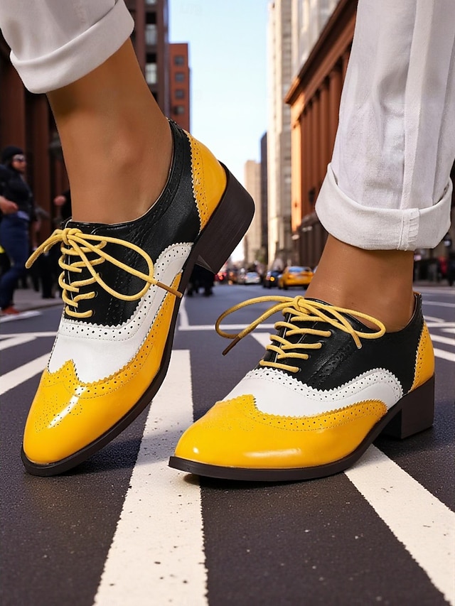  Richelieus Oxford en cuir verni jaune pour femme – Chaussures habillées à lacets et bout golf colorblock, style vintage britannique des années 1950 pour le bureau, l'école et le streetwear