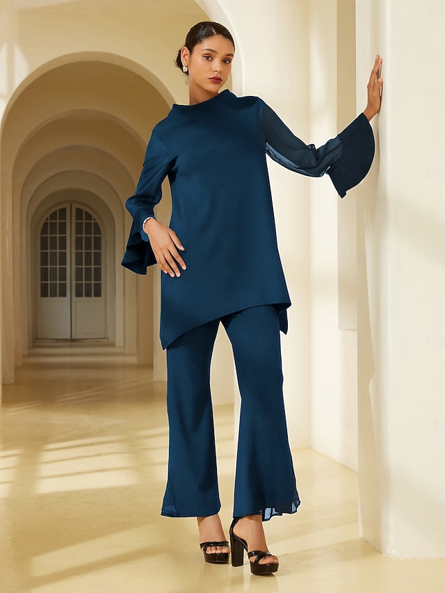  camicetta nera da donna con collo alto, in chiffon, modal, patchwork, polsini svasati, vestibilità slim, elastica, elegante, casual, da ufficio