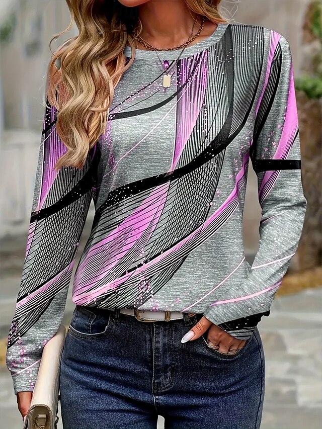 Women's T shirt Long Sleeve Crew Neck Long Sleeve Tunic Graphic Geometric Striped Vintage Stylish Round Neck Regular Tops Daily Print Purple Fall Prefall4