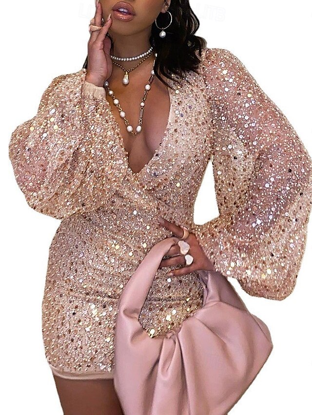  Per donna Mini Abito Abito con Paillettes Abito da Cocktail Moda Moderno Festa serale Cocktail party Vestibilità regolare Semplice Manica Lunga Scollo a V profondo Nero Bianco Rosa Oro Primavera