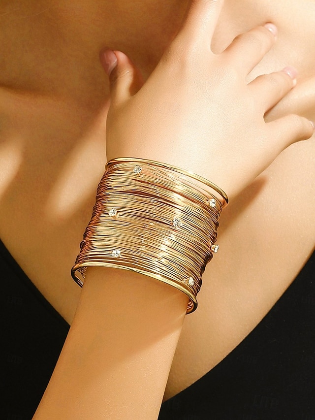  Women's Gold Layered Wire Cuff Bracelet - Rhinestone Studded Statement Bangle for Evening Parties and Cocktail Events