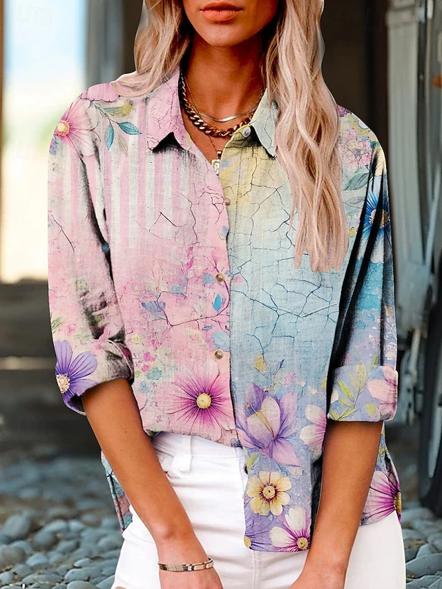 Women's Shirt Floral Active Daily Stylish Long Sleeve Shirt Collar Regular Tops Daily Holiday Buttons Print Blue Purple Green Summer Spring Fall4