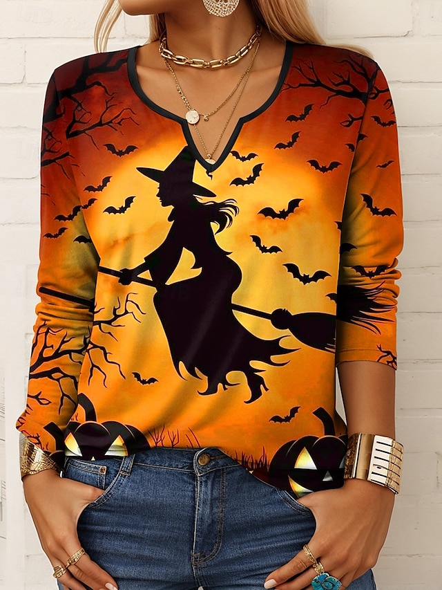  Halloween Pentru femei Tricou Ombre Grafic Geometric Epocă Stilat Clasic Manșon Lung Gât crestat Topuri obișnuite Zilnic Imprimeu Mov Portocaliu Trifoi Vară Primăvară Toamnă