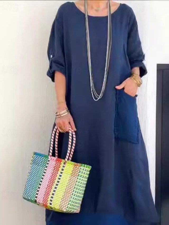  Femmes Robe Longue Maxi Robe Robe Décontractée Mode Moderne Extérieur Vacances Fête Coupe régulière Uni manche longue Col ras du cou Blanche Jaune Rose Claire bleu marine Automne
