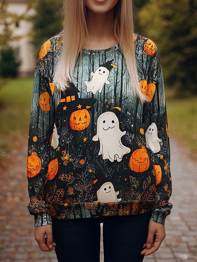 Halloween Women's Sweatshirts Ghost Graphic Pumpkin Casual Long Sleeve Crew Neck Regular Tops Street Dailywear Casual Print Black Spring Fall Winter4