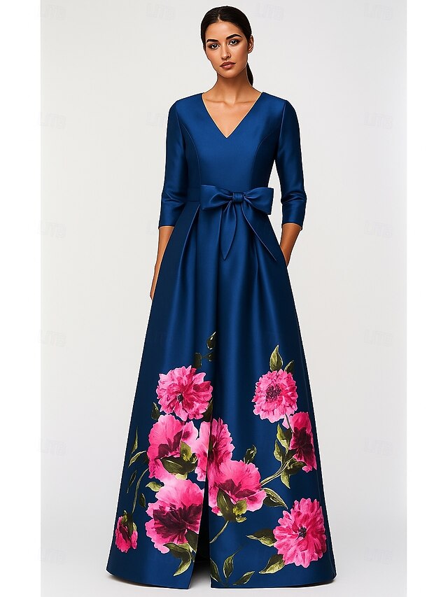 A-Line Evening Gown Elegant Dress Formal Wedding Guest Floor Length Half Sleeve V Neck Pocket Satin with Floral Print Bow(s)4