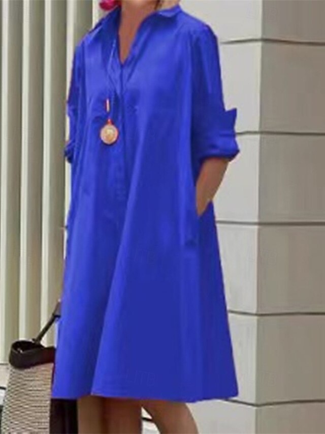 Women's Midi Dress Shirt Dress Casual Dress Fashion Modern Daily Beach Weekend Regular Fit Plain Long Sleeve Shirt Collar Blue Green Rose Red Spring Fall4