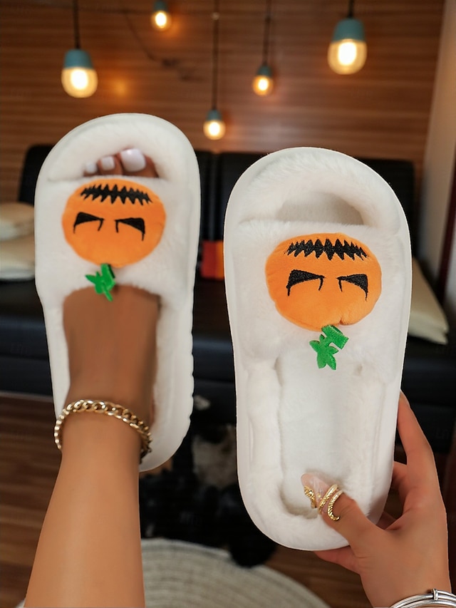  női fehér, bolyhos halloweeni tökcipő – puha beltéri cipő vicces rajzfilmfigurás dizájnnal őszi és ünnepi otthoni viseletre