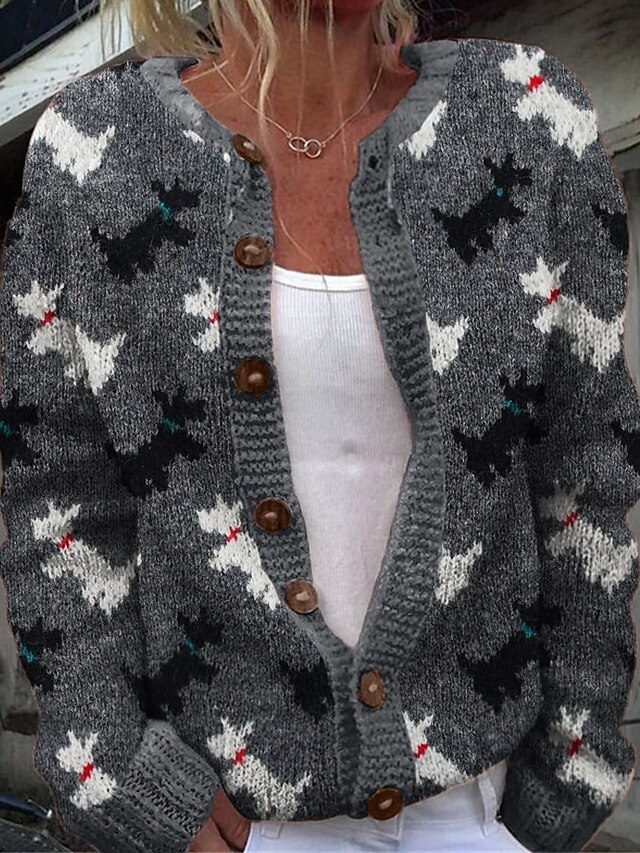 Women's Sweater Cardigan Fashion Streetwear Daily Animal Ribbed Open Front Knitted Print Long Sleeve Regular Tops Knit Holiday Going out Weekend White Blue Fall Winter4