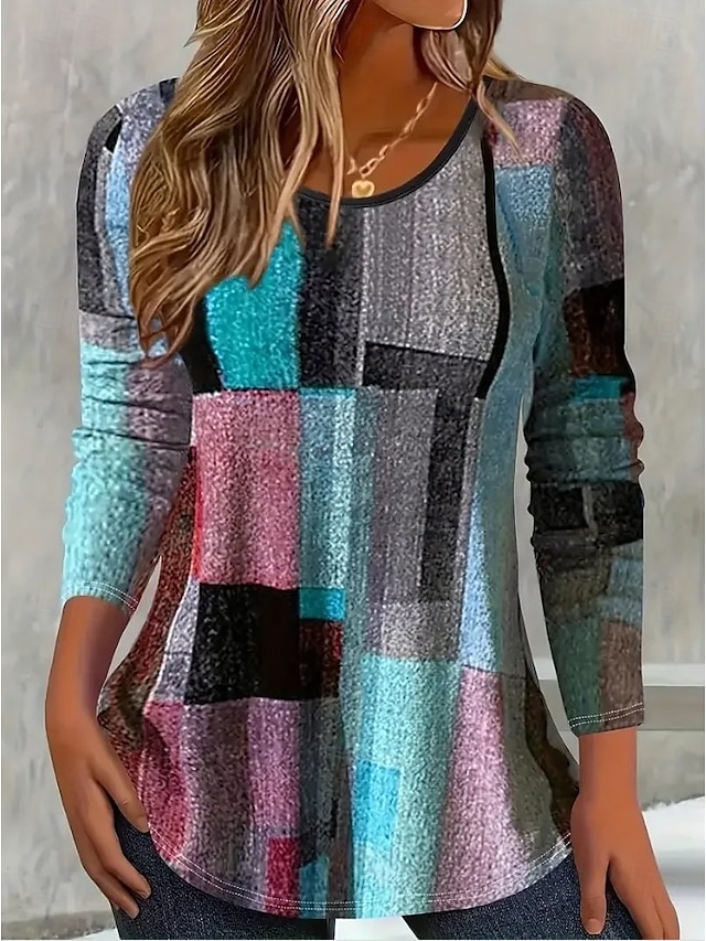  Pasqua Per donna Maglietta Grafico Geometrico Plaid Vintage Elegante Classico Manica Lunga Girocollo Top Regolari Quotidiano Stampato Rosa polverosa Blu Estate Primavera Autunno