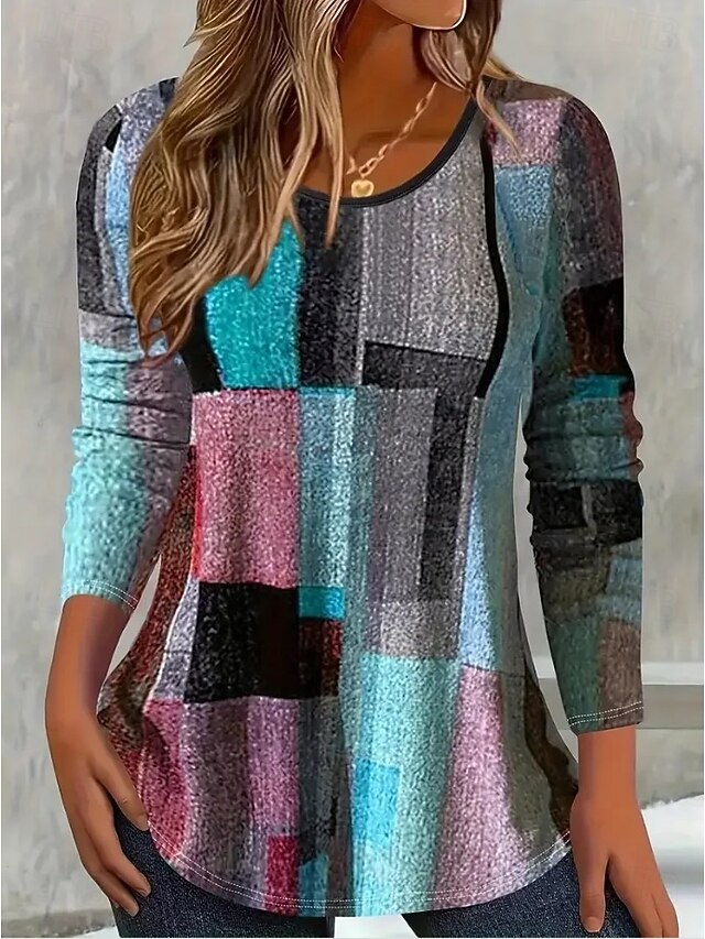 Easter Women's T shirt Long Sleeve Crew Neck Long Sleeve Tunic Graphic Geometric Plaid Vintage Stylish Classic Round Neck Regular Tops Daily Print Dusty Rose Blue Fall Prefall4