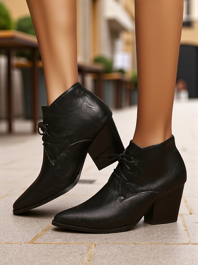  Botas femininas retrô de cano curto com cadarço e bico fino - botas curtas de salto bloco em couro sintético para o outono, estilo urbano &roupas do dia a dia