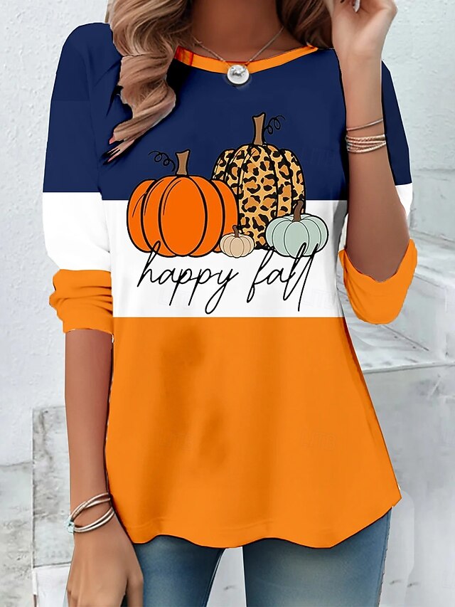 Halloween Women's T shirt Pumpkin Crew Neck Long Sleeve Tunic Graphic Casual Regular Tops Daily Weekend Print White Blue Orange Fall4