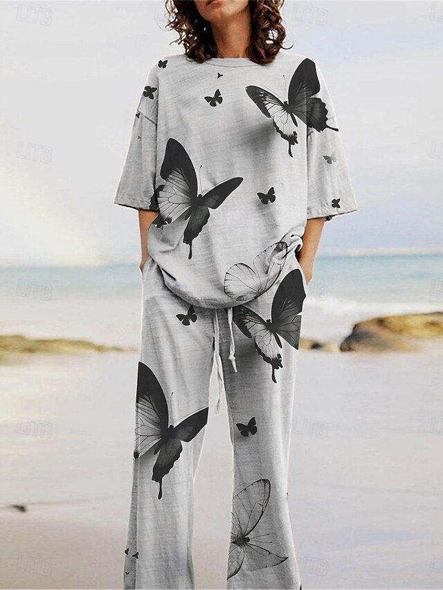 Women's Active Fashion Pants Sets 3/4 Length Sleeve Crew Neck Butterfly Print Vacation Daily Holiday Black Gray Summer Regular Fit4