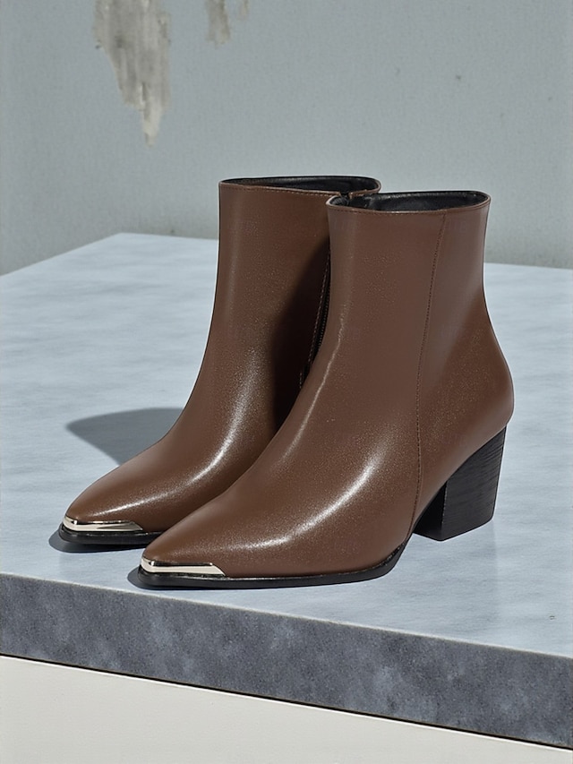  Женские коричневые ботильоны с острым носком из искусственной кожи – ботильоны в стиле вестерн на среднем каблуке с металлическим носком и молнией сбоку, повседневная осенняя обувь для городского уличного стиля и офисных нарядов