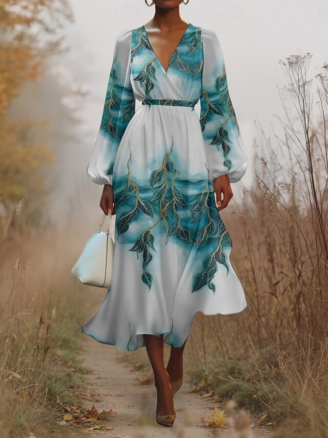  Women's Midi Dress Casual Dress Chiffon Swing Dress Modern Vacation Daily Weekend Regular Fit Tree Long Sleeve V Neck Blue Summer Spring Fall Autumn