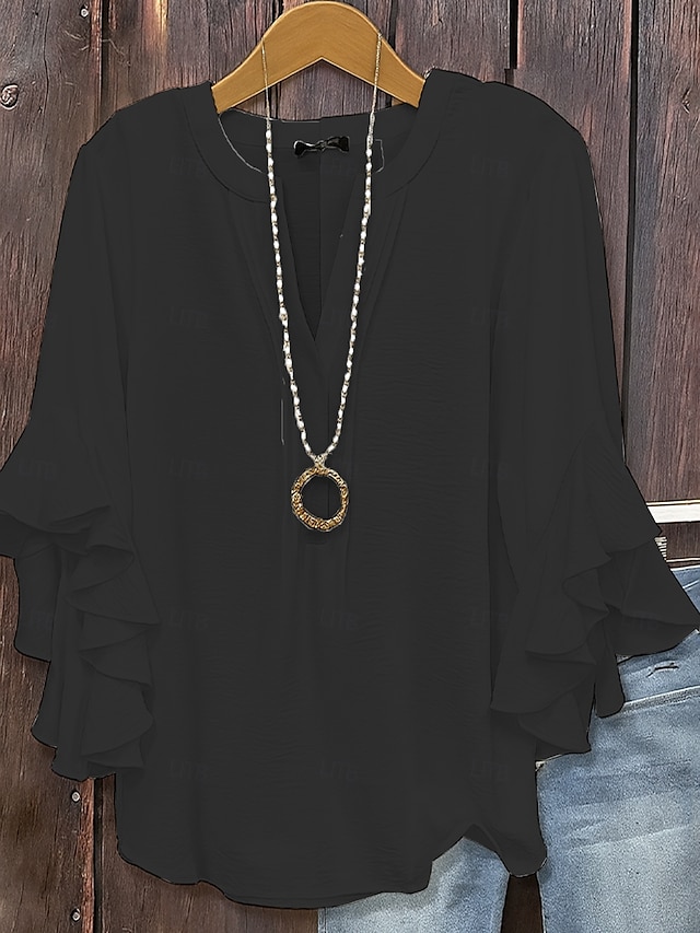  Per donna Blusa Tinta unica Elegante Manica 3/4 Scollo a V Top Regolari Quotidiano Volant Nero Bianco Rosa Verde militare Primavera Autunno