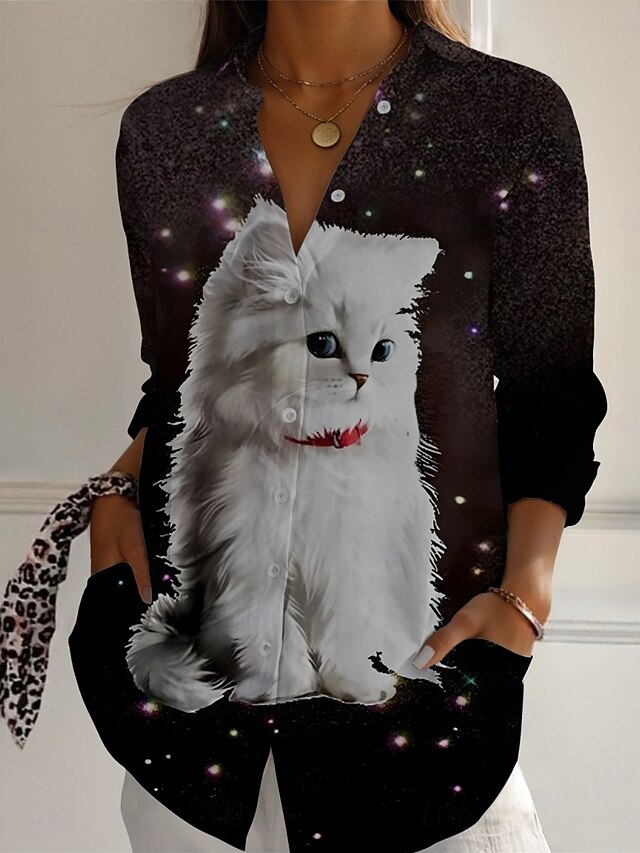 Women's Shirt Cat Active Daily Stylish Long Sleeve Shirt Collar Regular Tops Daily Holiday Buttons Print Black Gray Spring Fall4