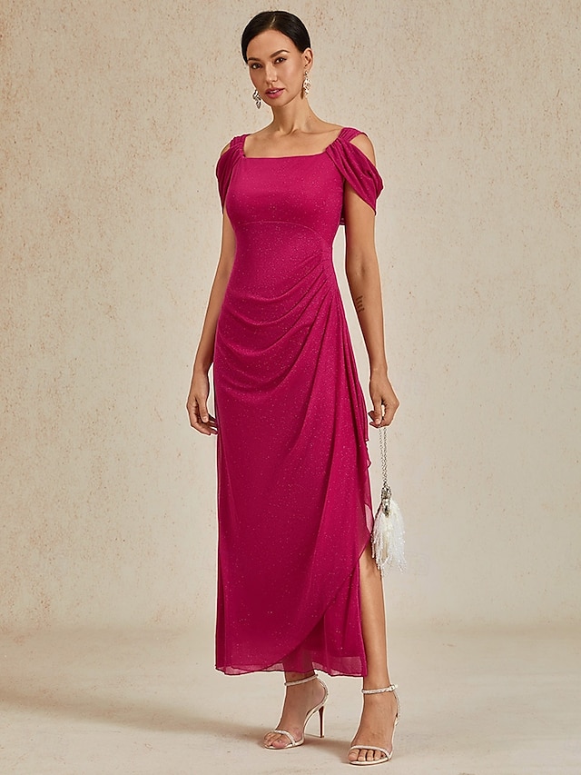  Dam Maxiklänning Sheath Dress Elegant party Födelsedag Ensfärgat Ärmlös Fyrkantig hals Fuchsia Sommar