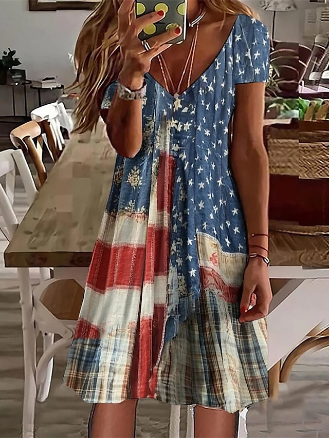  Femmes Mini Robe Robe Décontractée Robe d'été Mode Moderne Quotidien Plage Week-end Coupe régulière Drapeau national Manche Courte Col en V Bleu Bleu de minuit Printemps Automne