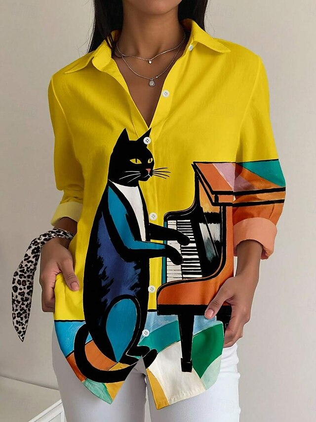 Women's Shirt Button Down Tunic Shirt Collar Long Sleeve Graphic Animal Abstract Active Vintage Cute Regular Tops Work Daily s Print Yellow Spring Fall Winter4