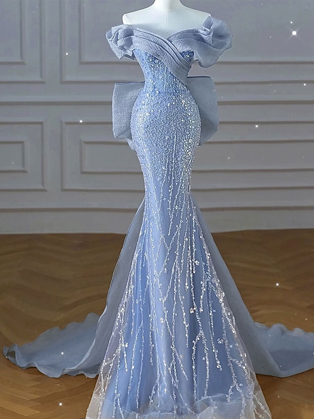  Modré Mořská panna  Trubkované šaty s party Elegantní šaty pro svatbu Svatební hosté Skoz  Vzrušující vlaky bez rukávů Off-shoulder Tyl s flitry a mašlí