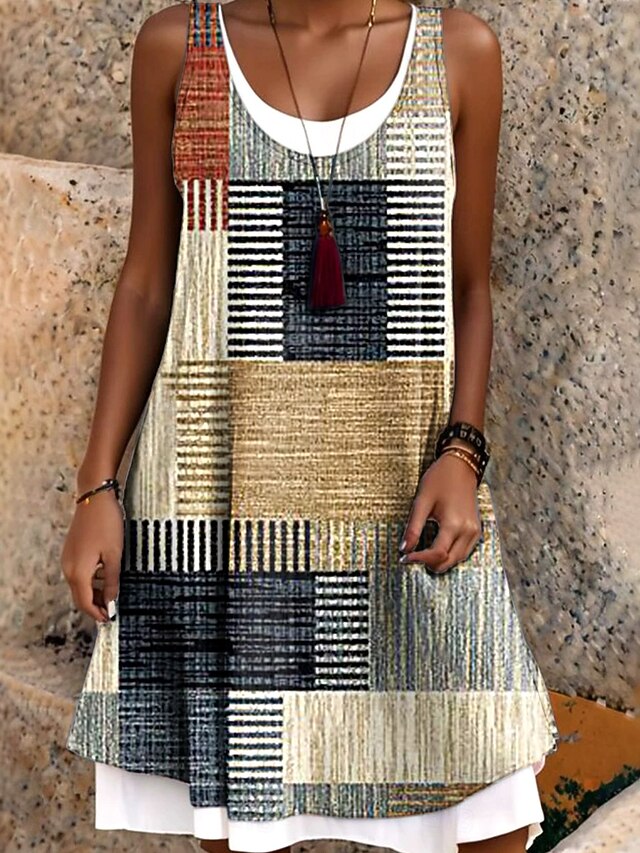 Women's Mini Dress T Shirt Dress Tee Dress Sundress A Line Dress Vacation Casual Boho Daily Loose Fit Graphic Geometric Plaid Sleeveless Crew Neck Khaki Summer Spring Fall4