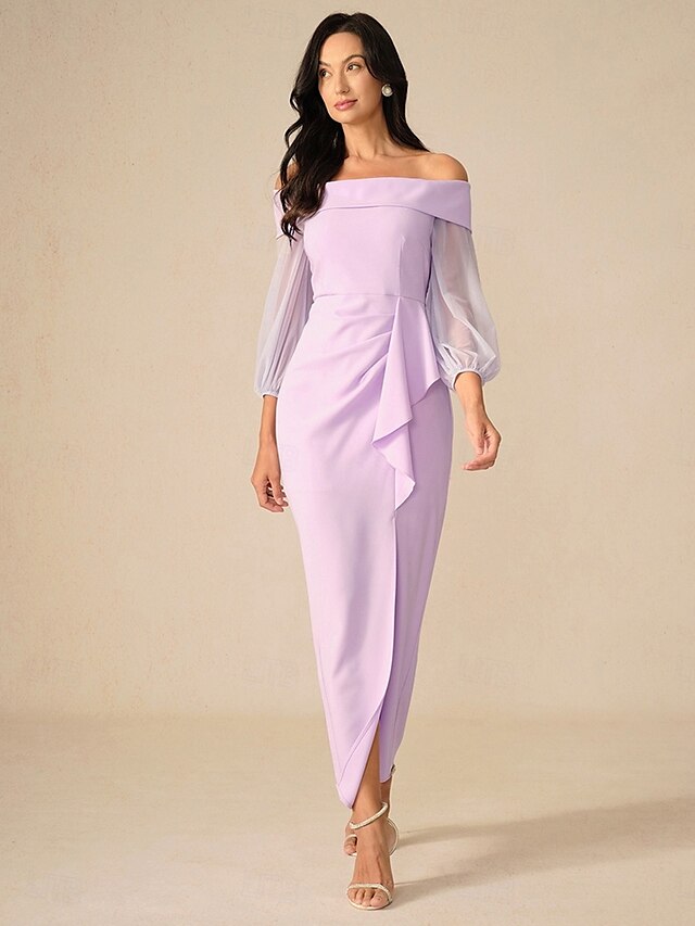  Schlauchkleid Brautmutterkleid Elegant Hoher Schlitz Schulterfrei Asymmetrisch Chiffon Langarm mit Gerafft 2025