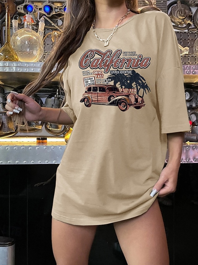  Femmes T-shirt Lettre Mode Moderne Manche Courte Col ras du cou Hauts Réguliers Quotidien Imprimé Noir Kaki Gris Été