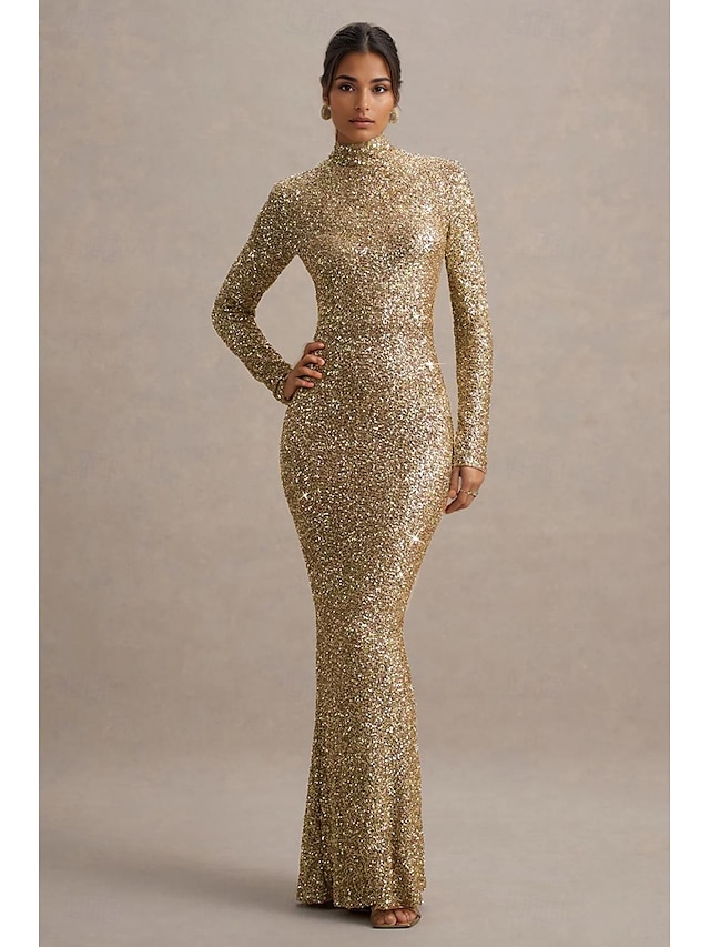  Abito da sera elegante in velluto dorato con paillettes a sirena  tromba lungo maniche lunghe collo a finto collo con glitter