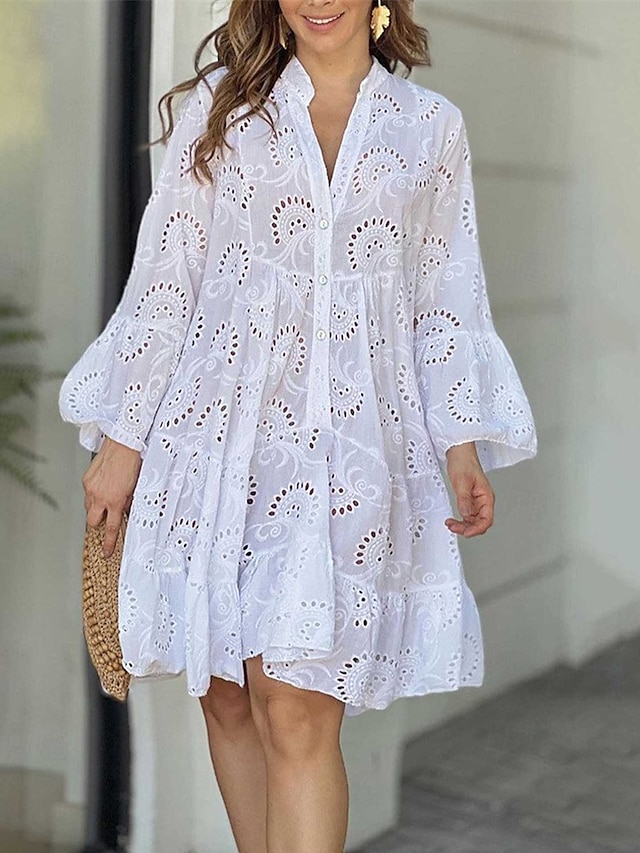  Per donna Mini Abito Abito in Pizzo Vestito Casual Moda Moderno Quotidiano Spiaggia Weekend Vestibilità regolare Semplice Manica Lunga Scollo a V Bianco Rosso Rosso rosa Primavera Autunno