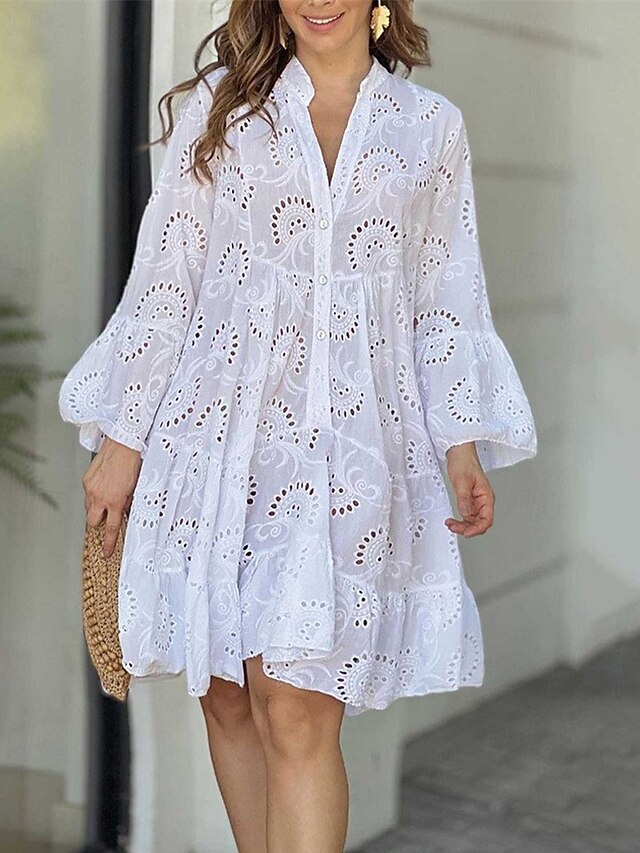 Women's Mini Dress Lace Dress Casual Dress Fashion Modern Daily Beach Weekend Regular Fit Plain Long Sleeve V Neck White Red Rose Red Spring Fall4